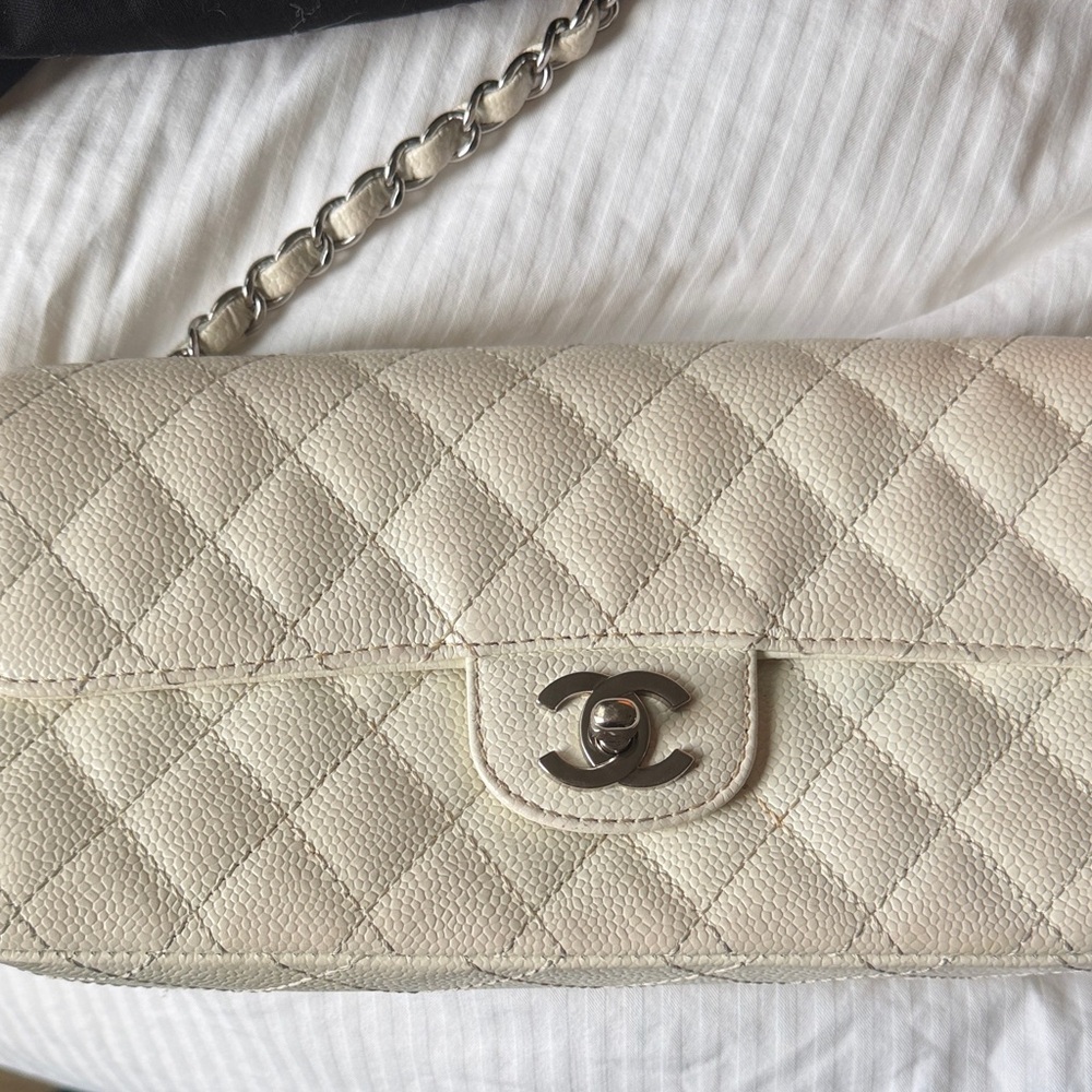 Chanel Ivory Quilted Clutch with Silver Chain